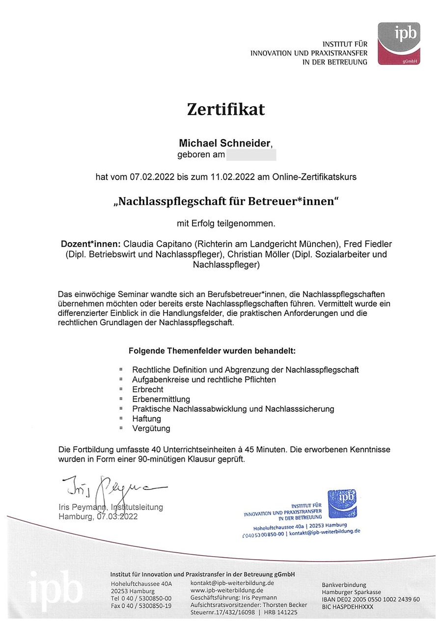 ipb Zertifikat Nachlasspflegschaft